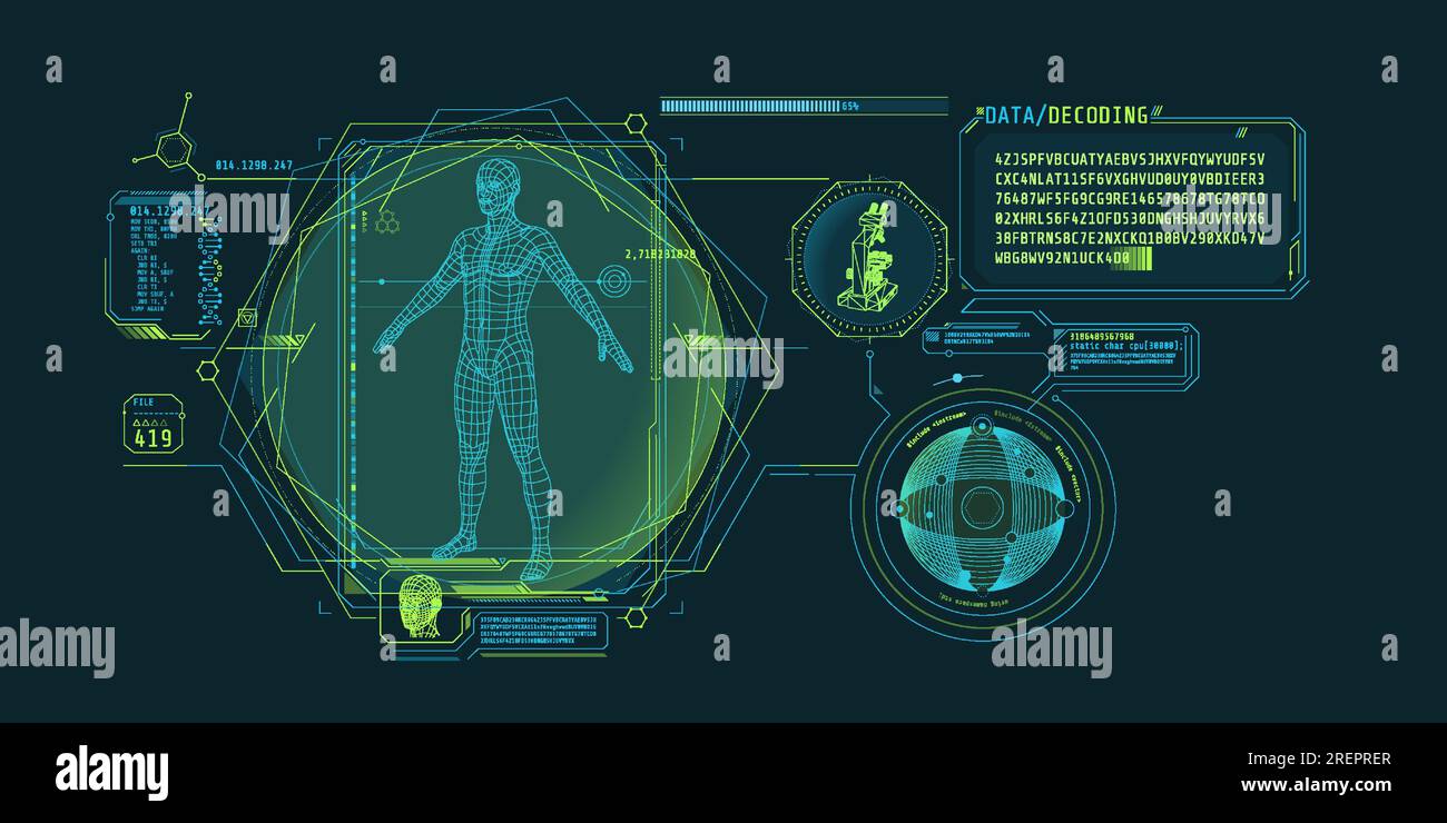 Medical research futuristic interface screen with data decoding. Stock Vector