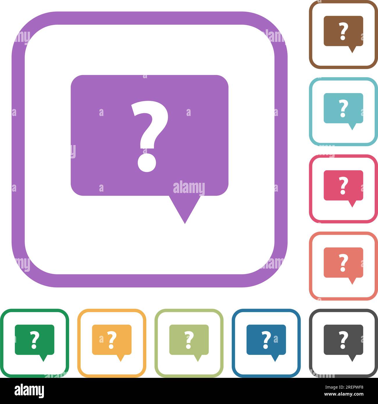 Rounded square help chat bubble solid simple icons in color rounded square frames on white background Stock Vector