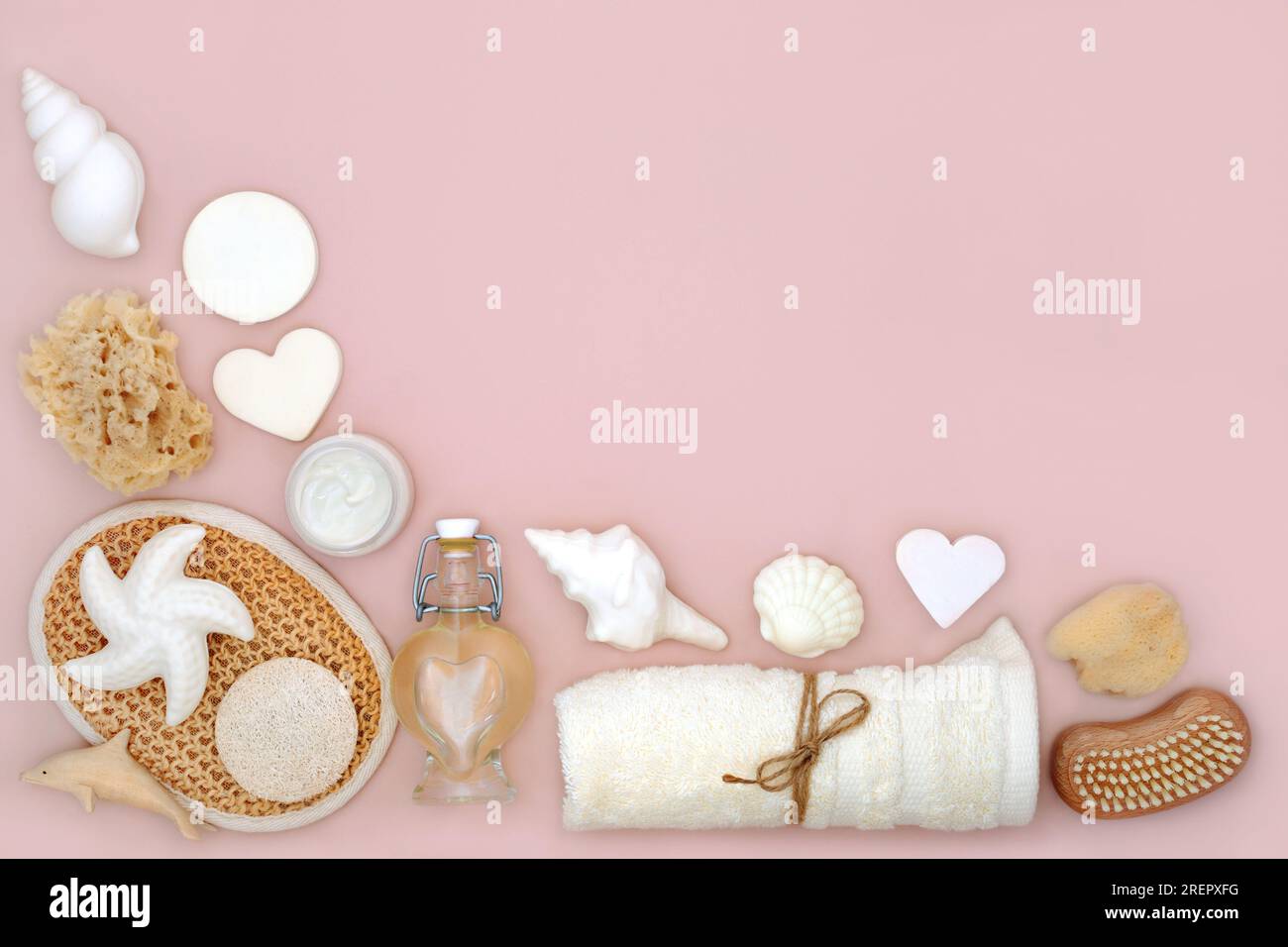 Natural skincare bath accessories for beauty treatment on pink ...