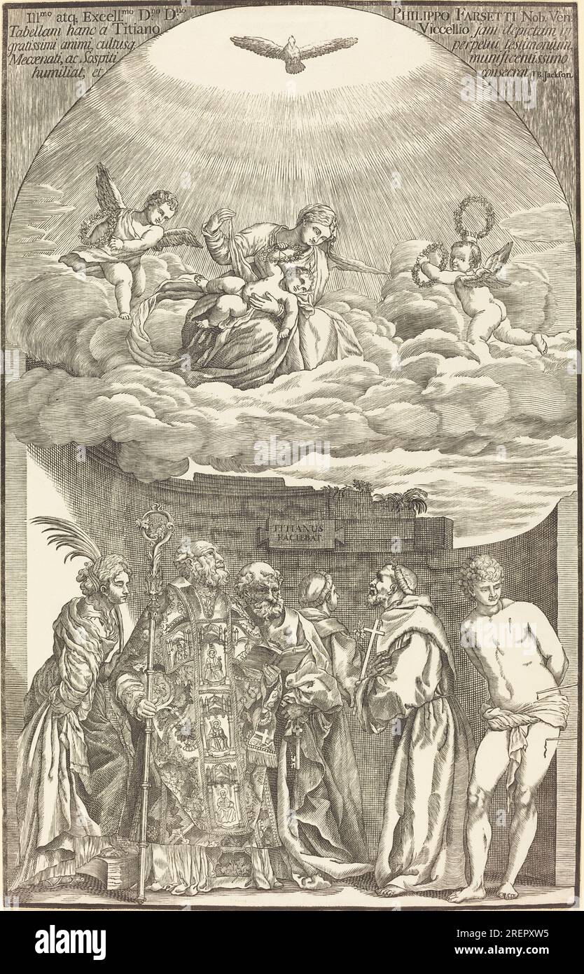 'John Baptist Jackson after Titian, The Virgin in Clouds and Six Saints, 1742, chiaroscuro woodcut in black [trial proof of line block], Rosenwald Collection, 1946.11.71' Stock Photo