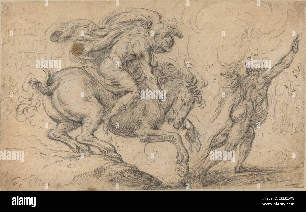 'Franz Cleyn, The Sacrifice of Marcus Curtius, 1640s, black chalk on laid paper, Overall: 18.1 x 28.9 cm (7 1/8 x 11 3/8 in.) support: 26 x 37.3 cm (10 1/4 x 14 11/16 in.), Ailsa Mellon Bruce Fund, 1984.45.1' Stock Photo