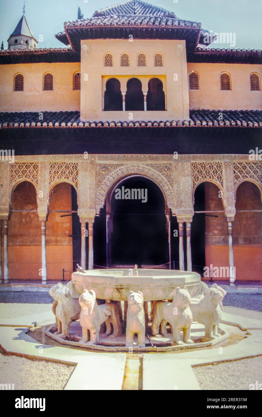 Granada, Spain - March 28th, 2004: Alhambra Lions fountain. Digitized film photography Stock Photo