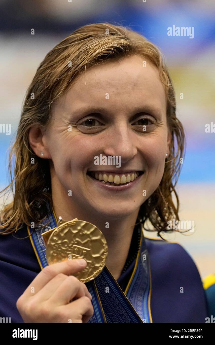 Gold medalist Katie Ledecky of the U.S. celebrates during the medal