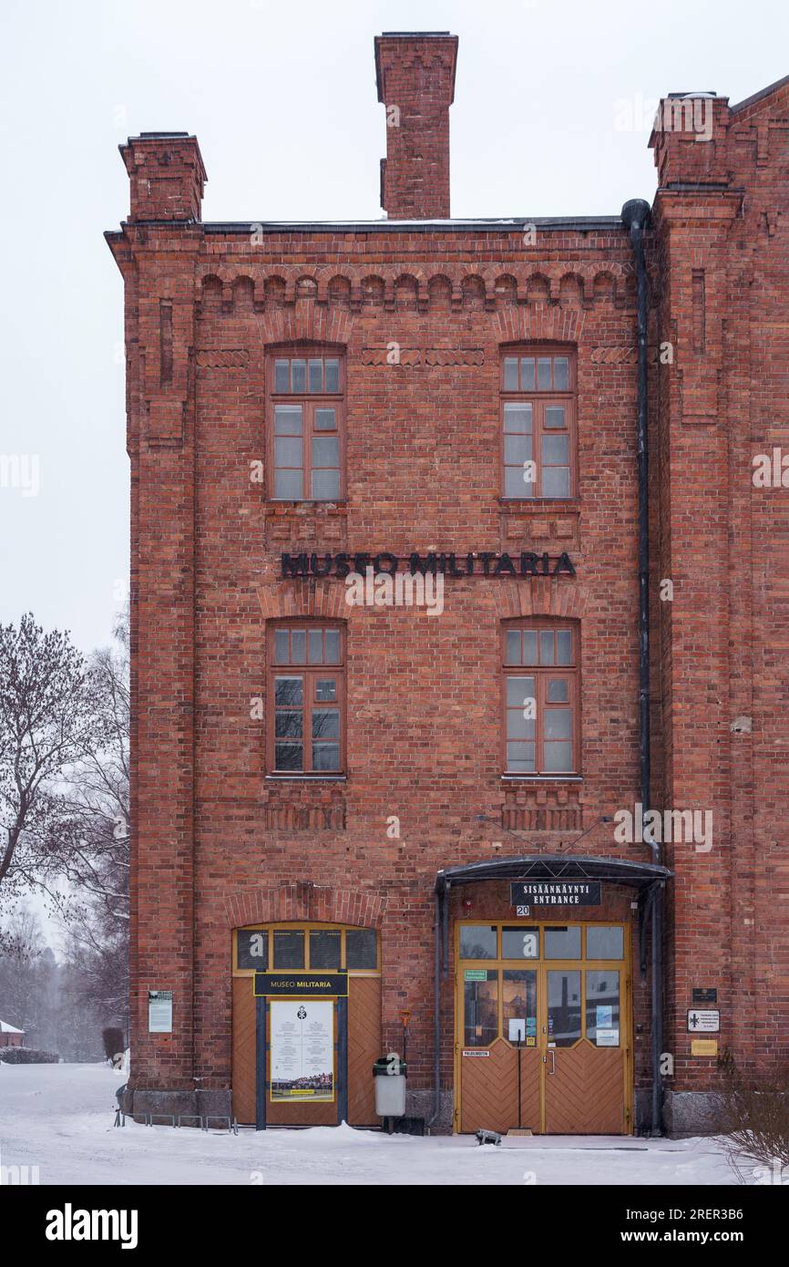 Museo Militaria entrance, The artillery and military museum in winter. Hameenlinna, Finland. February 23, 2023. Stock Photo