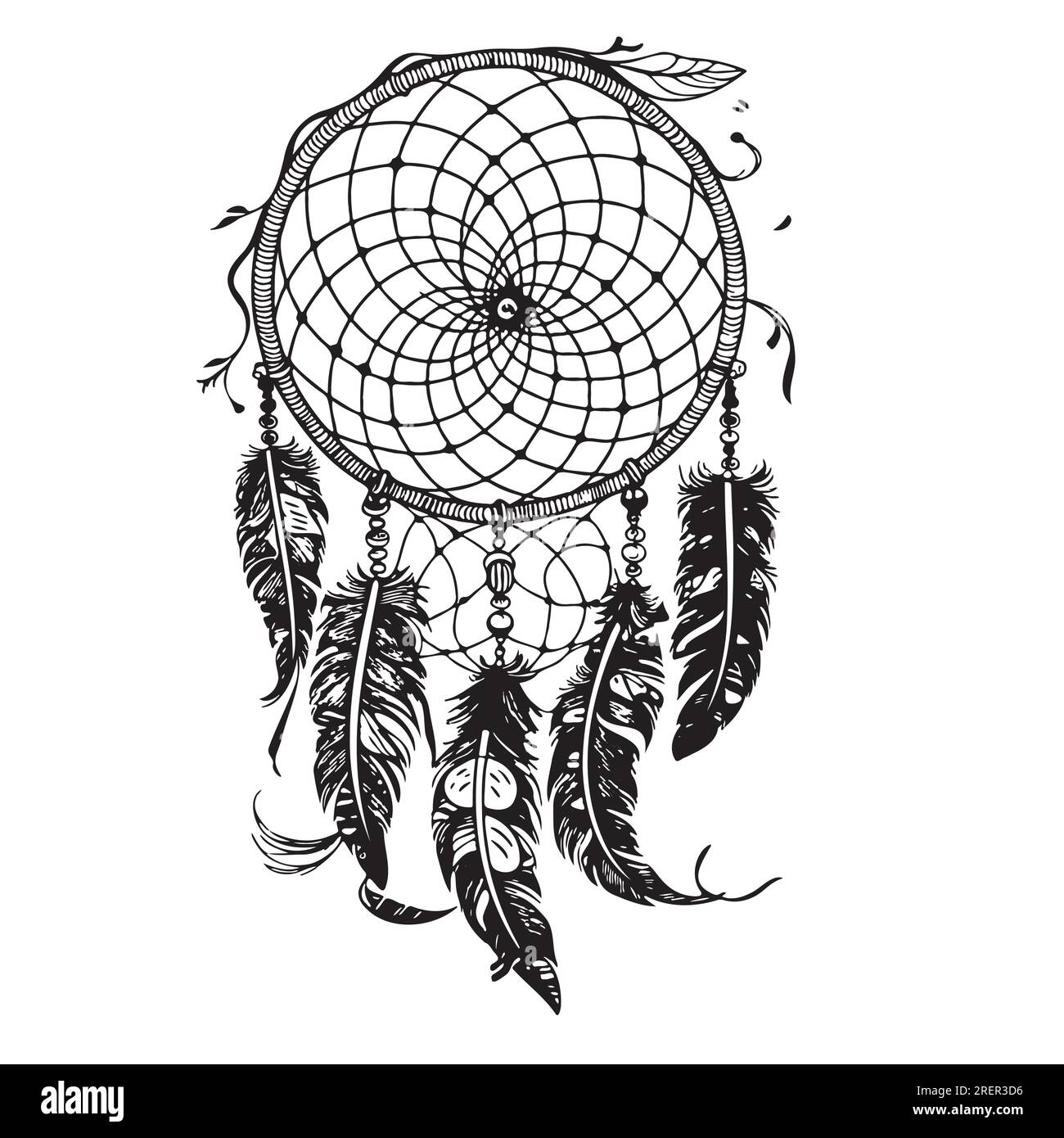 Dreamcatcher Indian Ethnic Feather Ornament. Vector Flat Line