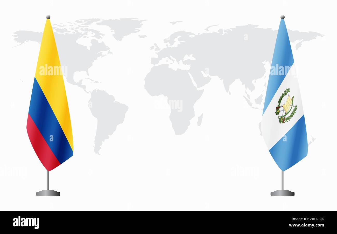 Colombia and Guatemala flags for official meeting against background of world map. Stock Vector