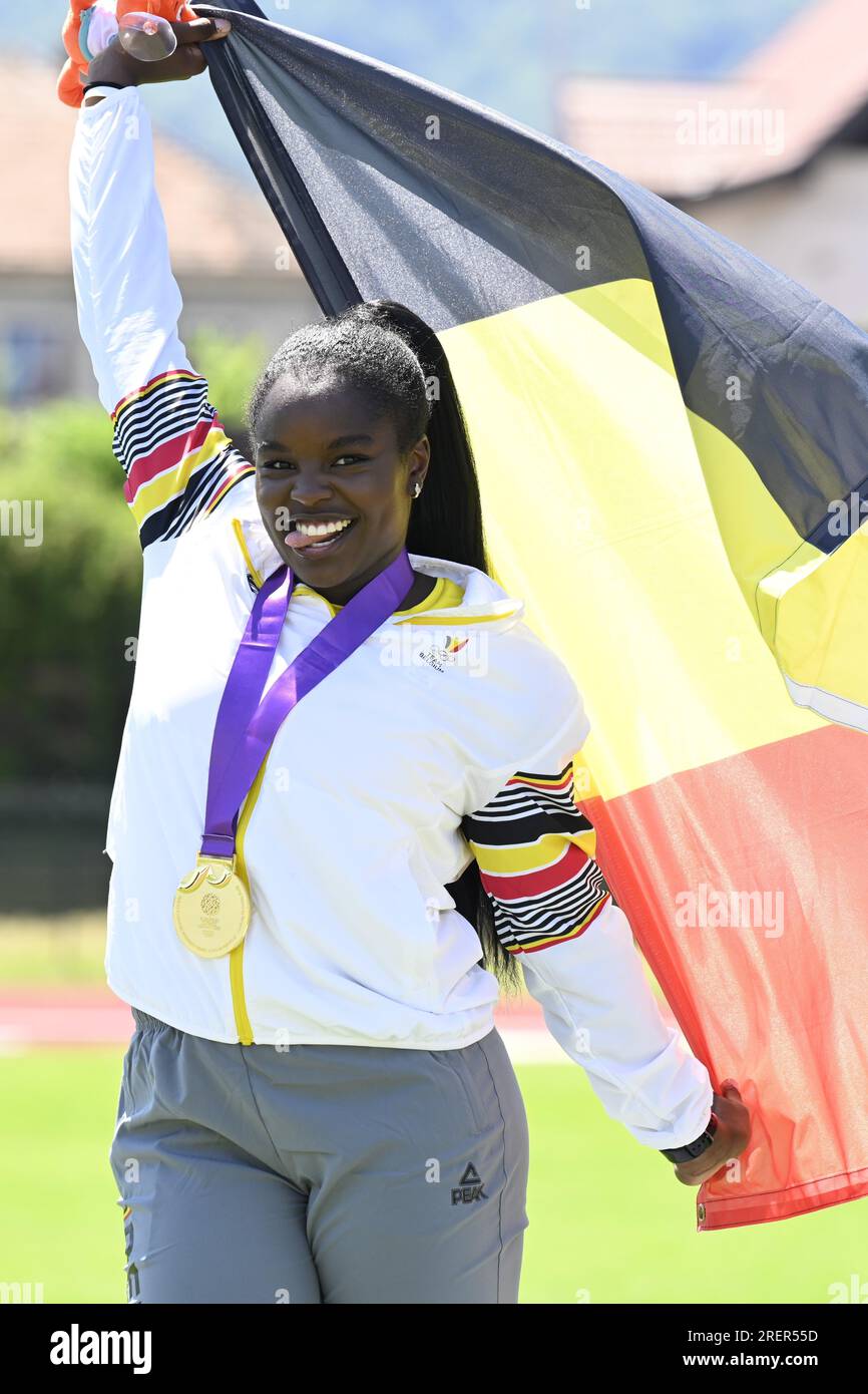 Maribor, Slovenia. 29th July, 2023. Belgian shot put athlete Nafy Thiam, winner of the gold medal celebrates with the Belgian flag, on the podium of the shot put event at the last day of the 2023 European Youth Summer Olympic Festival, in Maribor, Slovenia, Saturday 29 July 2023. BELGA PHOTO TEAM BELGIUM Credit: Belga News Agency/Alamy Live News Stock Photo