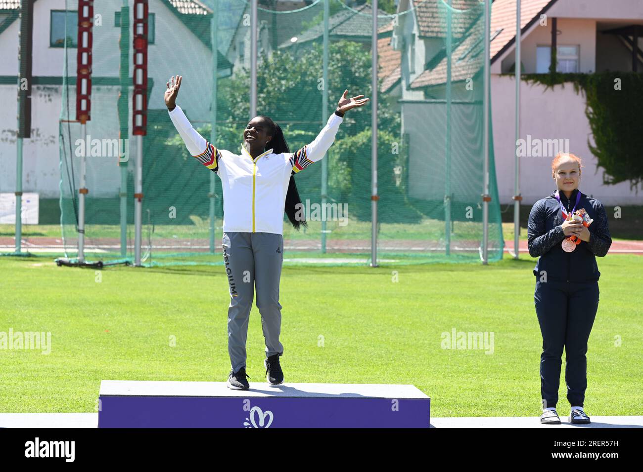 Maribor, Slovenia. 29th July, 2023. Belgian shot put athlete Nafy Thiam, winner of the gold medal celebrates on the podium of the shot put event at the last day of the 2023 European Youth Summer Olympic Festival, in Maribor, Slovenia, Saturday 29 July 2023. BELGA PHOTO TEAM BELGIUM Credit: Belga News Agency/Alamy Live News Stock Photo