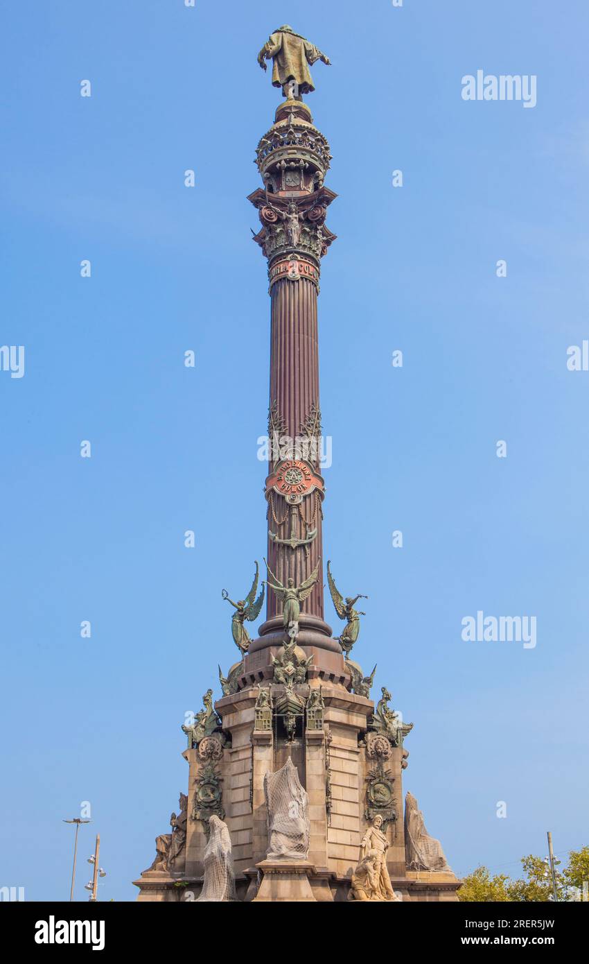 Barcelona, Spain - Jun 28th, 2023: Christopher Columbus monument. Barcelona, Catalonia, Spain. Tower Stock Photo