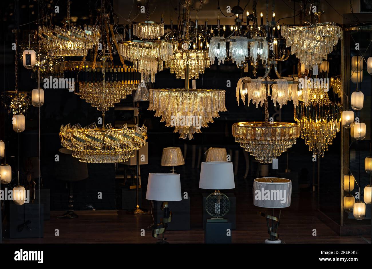 Shop windows and light fixture. Lamp Store exterior. Front View from