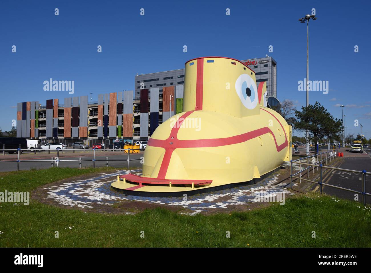 Giant Yellow Submarine Outside Liverpool John Lennon Airport Liverpool England UK Stock Photo