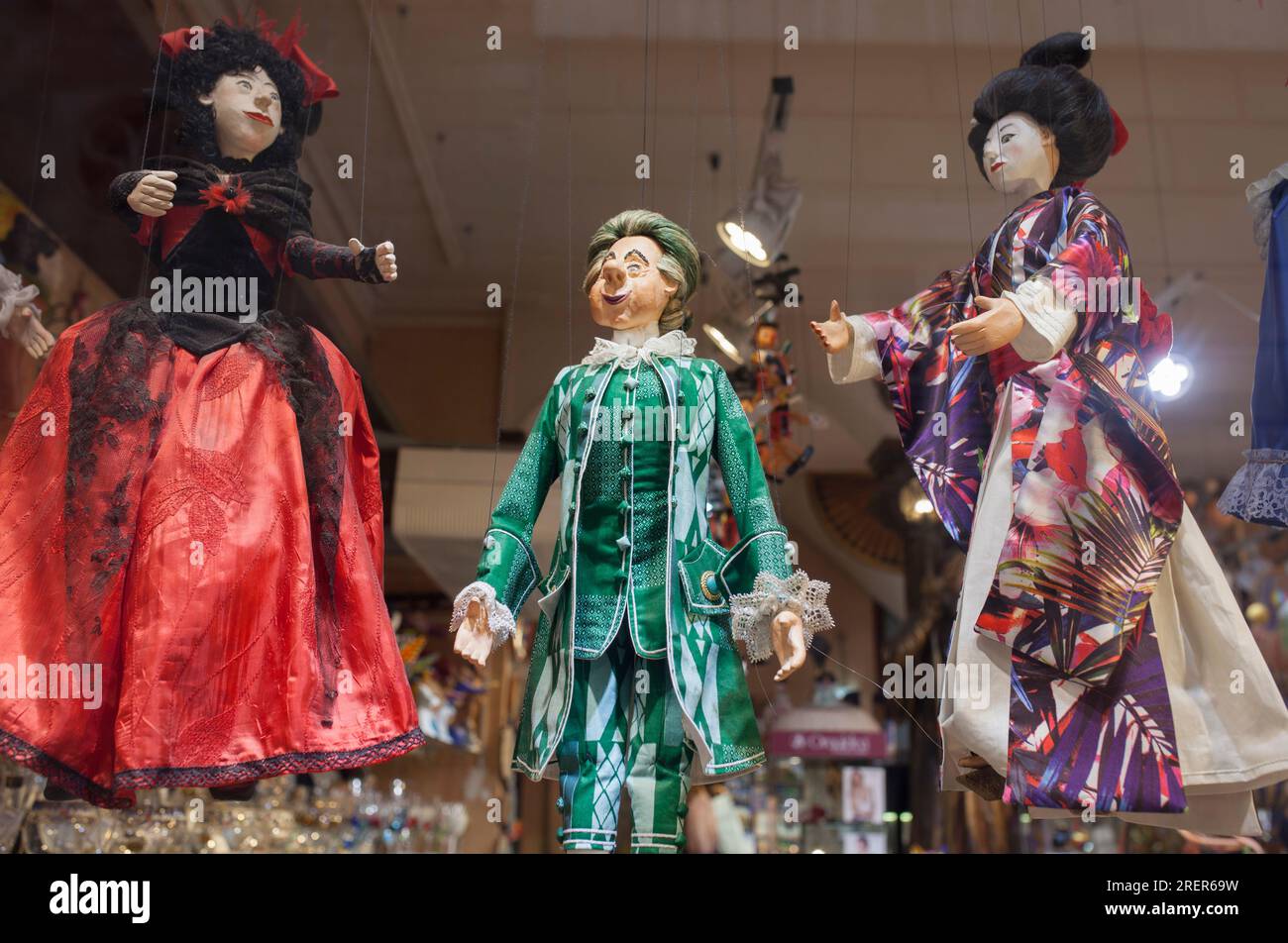 Barcelona, Spain - Dec 29th 2019: Vintage puppets displayed at souvenirs shop. Gothic Quarter, Catalonia, Spain Stock Photo