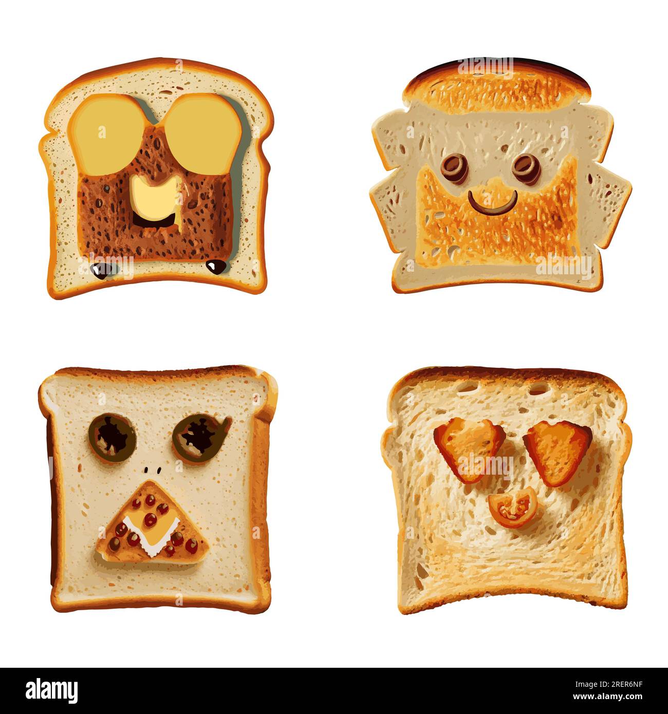 Set of funny cartoon toast bread characters isolated on white
