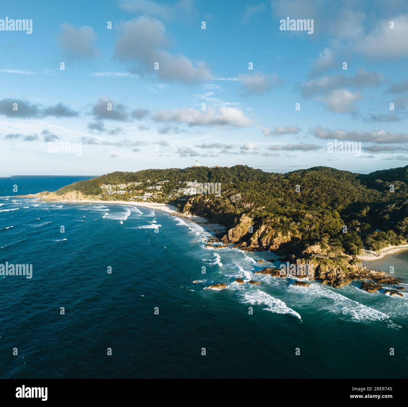 Wategoes Beach aerial view at Byron Bay with lighthouse. Cape Byron, Australia Stock Photo