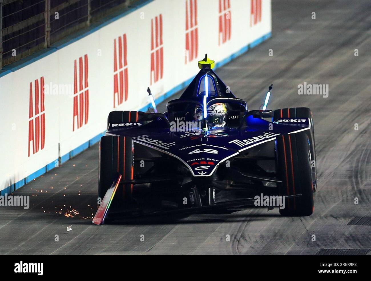 Sparks fly from the front wing of Maserati MSG Racing's Edoardo Mortara ...