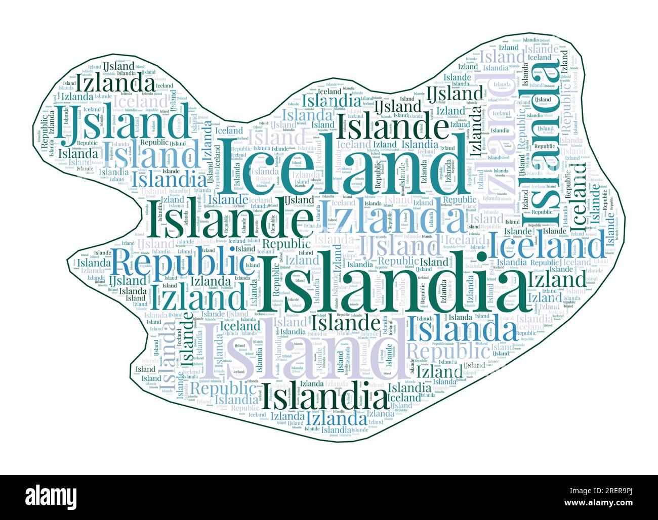 Iceland shape filled with country name in many languages. Iceland map