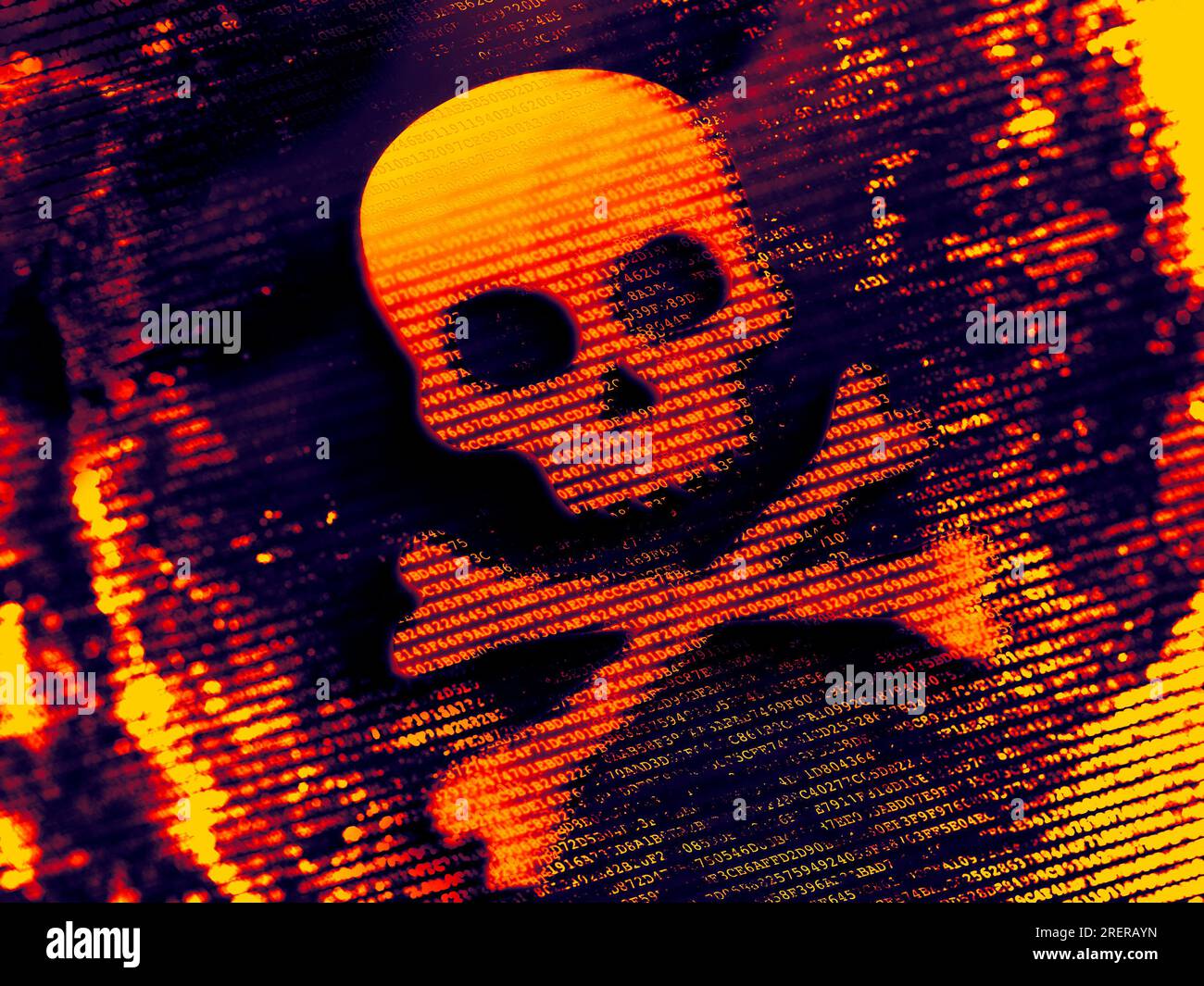Computer hacking or piracy, skull and crossbones made of computer code ...