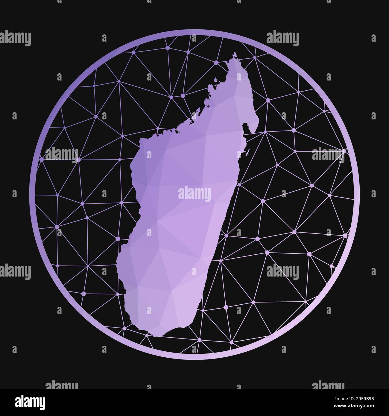 Madagascar icon. Vector polygonal map of the country. Madagascar icon in geometric style. The country map with purple low poly gradient on dark backgr Stock Vector