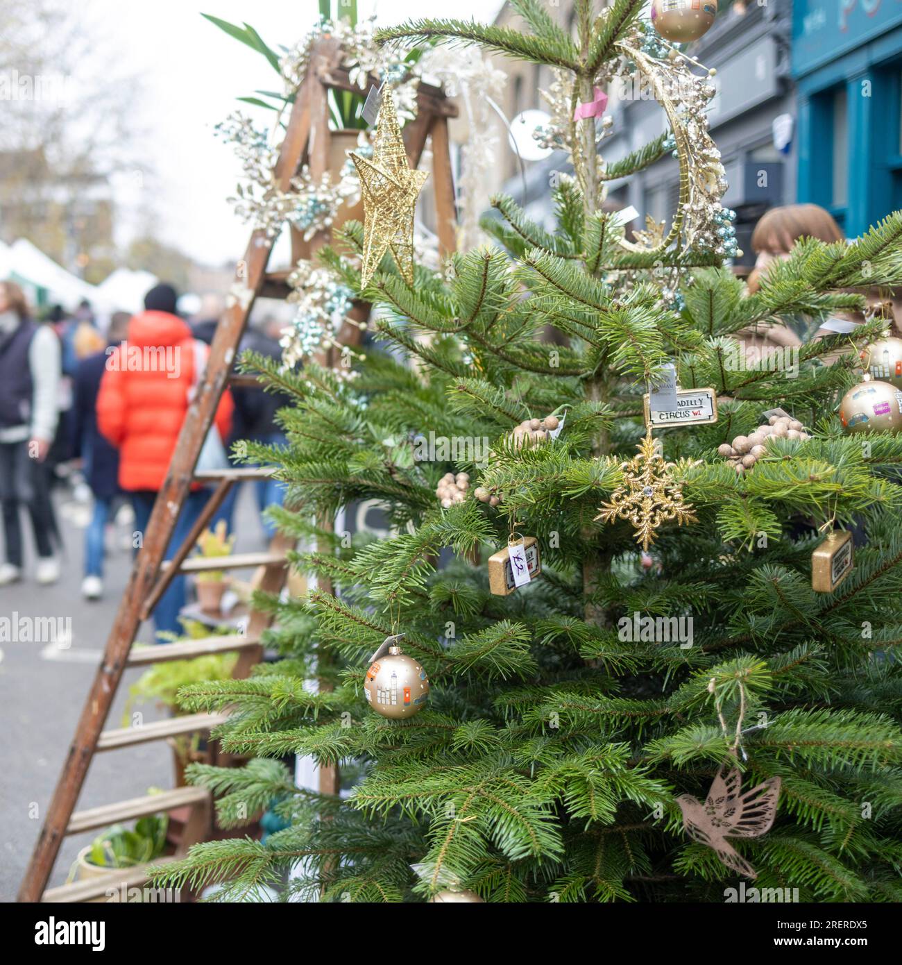 London, Uk - 17 December 2022, Columbia Road Flower Market is a street market. Shoppers choose Christmas trees at the Christmas market Stock Photo