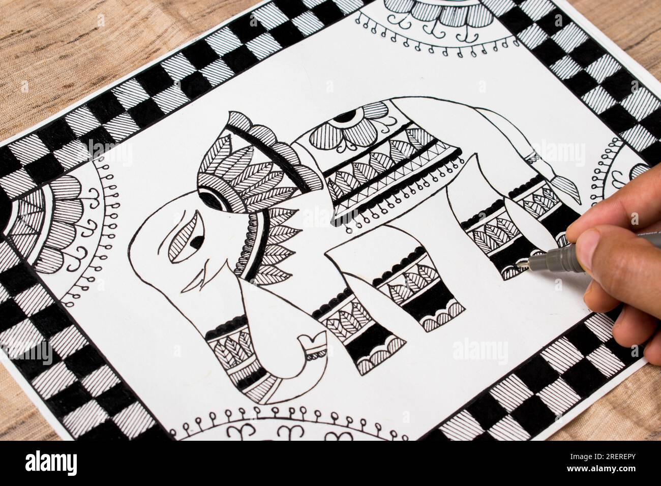 Beautiful handmade or hand painted Madhubani or Mithila painting of Bihar. Black and white Painting of Elephant . It is a traditional painting Stock Photo