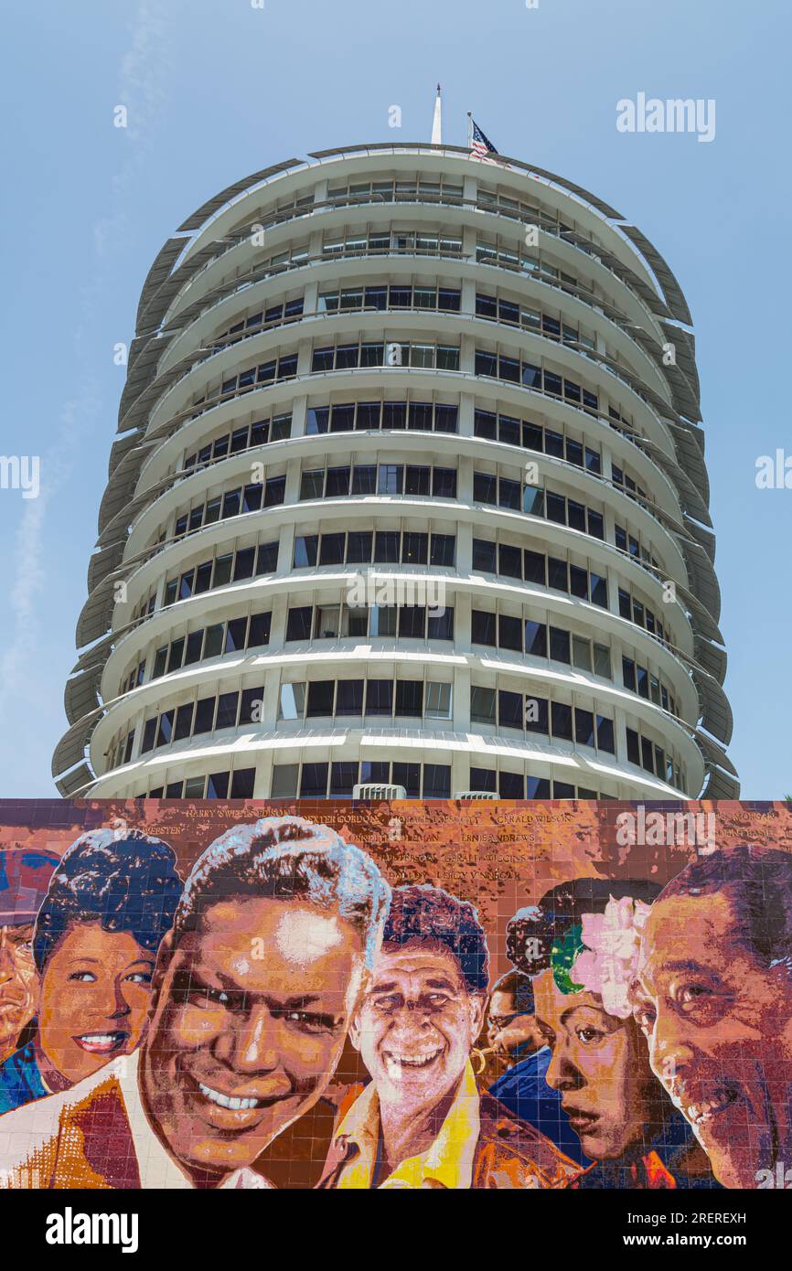 The Capitol Records mural, Hollywood Jazz, painted in 1990 by artist Richard Wyatt Jr., was restored in 2011. Stock Photo
