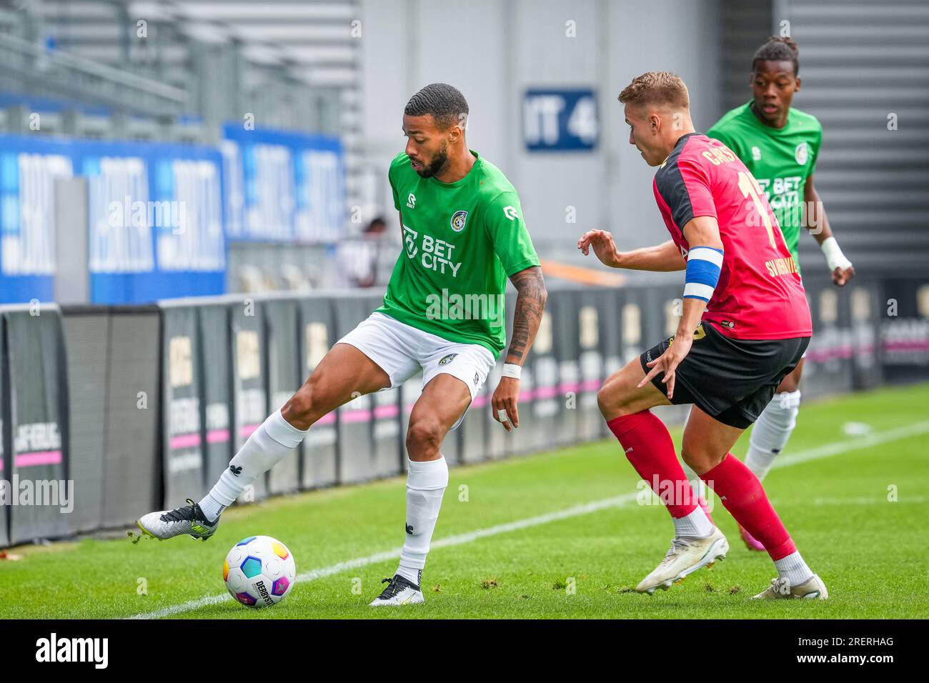 Taunusstein Wehen, Germany. 22nd July, 2023. TAUNUSSTEIN-WEHEN, GERMANY - JULY 22: Loreintz Rosier of Fortuna Sittard battles for the ball with Florian Carstens of Wehen Wiesbaden during the Pre-Season Friendly match between SV Wehen Wiesbaden and Fortuna Sittard at the BRITA-Arena on July 22, 2023 in Taunusstein-Wehen, Germany (Photo by Orange Pictures) Credit: Orange Pics BV/Alamy Live News Stock Photo