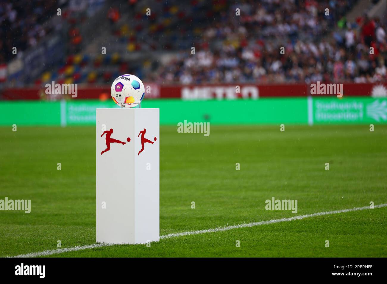 Düsseldorf, Germany, 29.07.2023. Fortuna Duesseldorf vs. Hertha BSC, Football, 2. Bundesliga, 1. Matchday, Season 2023/2024. Derbystar Matchball.  DFL REGULATIONS PROHIBIT ANY USE OF PHOTOGRAPHS AS IMAGE SEQUENCES AND/OR QUASI-VIDEO.  Credit: newsNRW / Alamy Live News Stock Photo