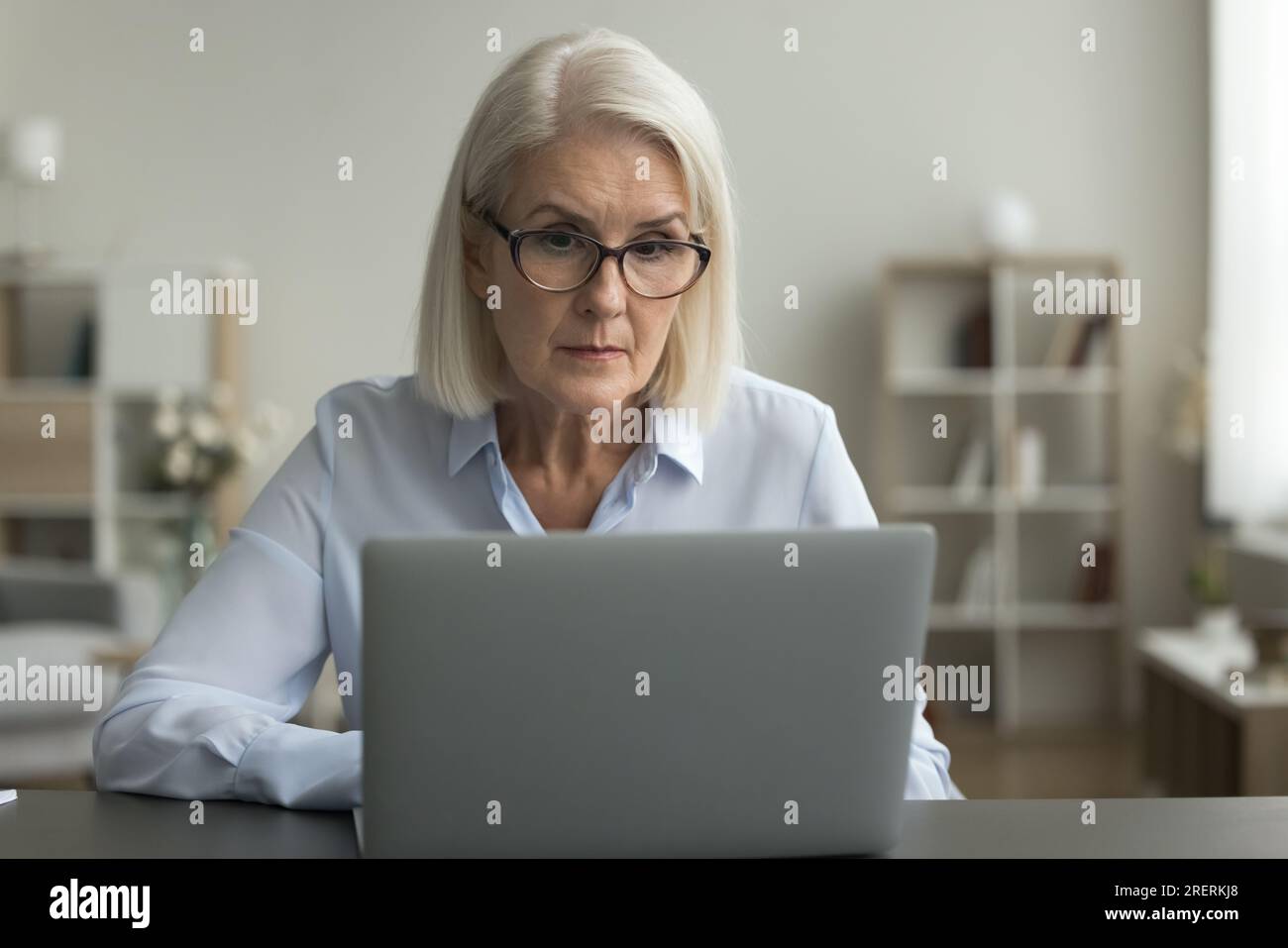 Serious mature business woman in glasses working at laptop Stock Photo