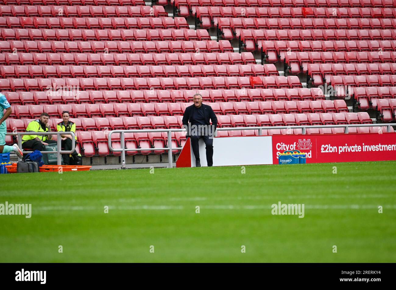 Sunderland AFC manager Tony Mowbray watches on as his side take on RCD Mallorca at the Stadium of Light. Stock Photo