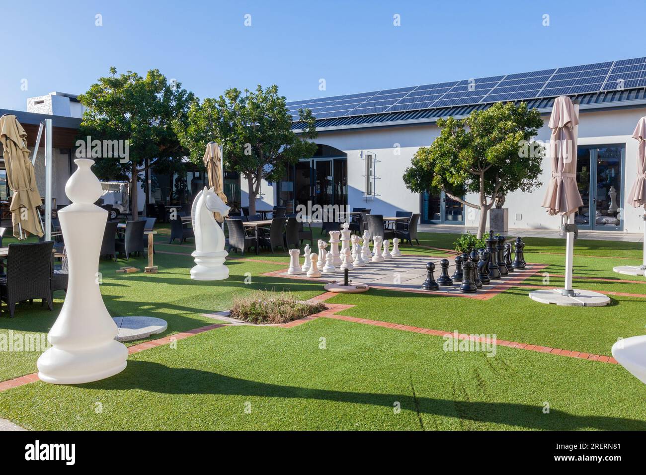 Outdoor chess in the central courtyard, Benguela Cove Winery, Walker Bay, Hermanus, Western Cape Winelands, South Africa rated in top 50 wineries glob Stock Photo