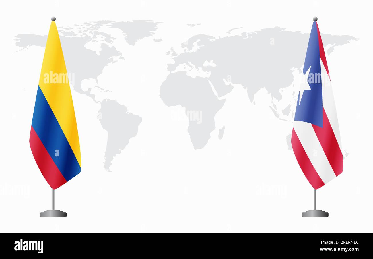 Colombia and Puerto Rico flags for official meeting against background of world map. Stock Vector