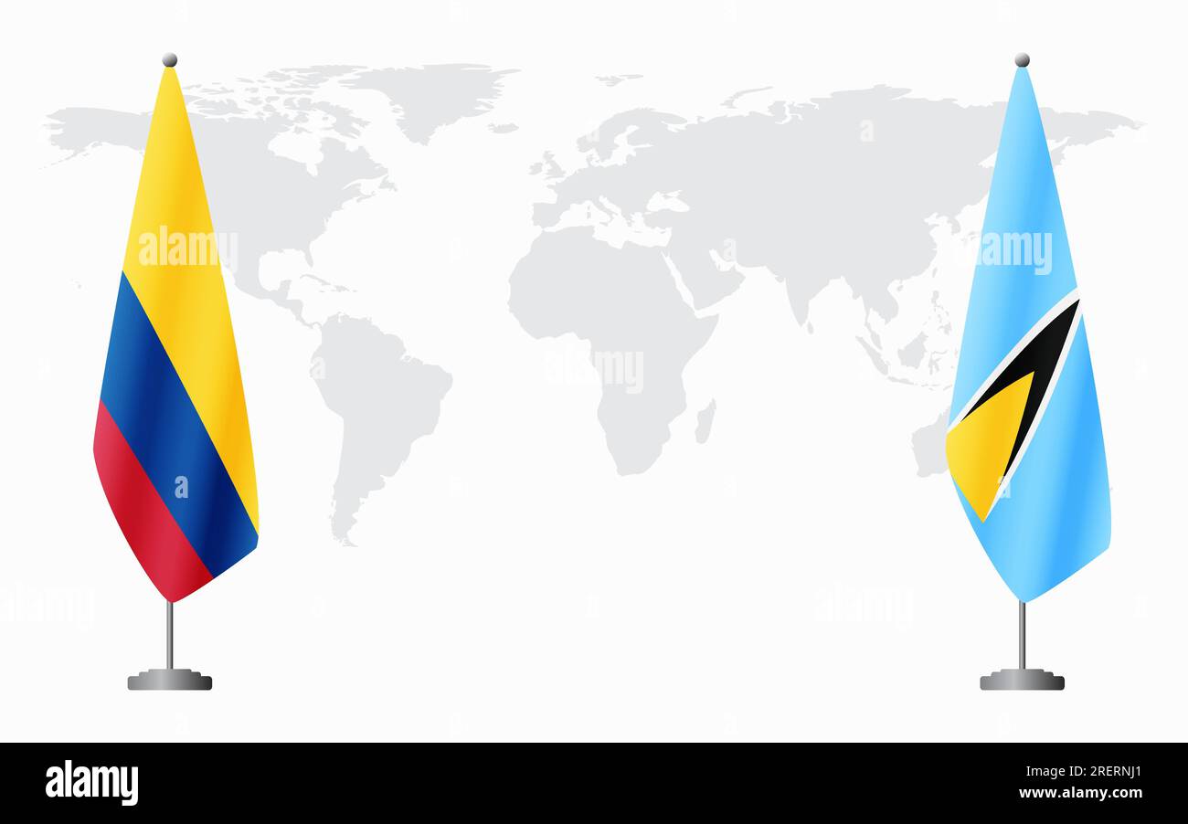 Colombia and Saint Lucia flags for official meeting against background of world map. Stock Vector
