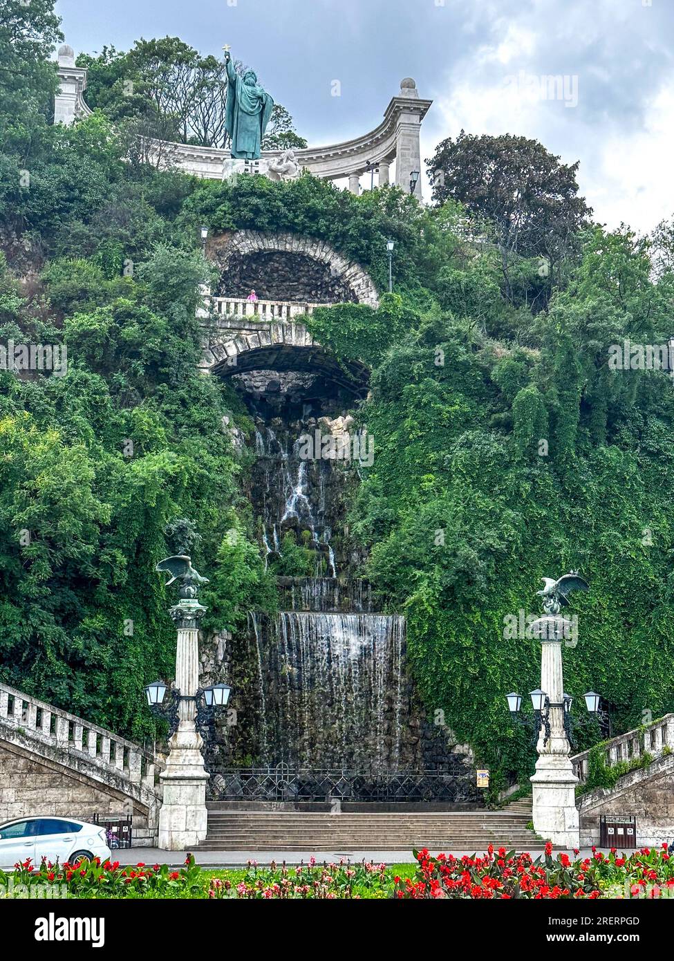 Budapest, HU June 11, 2023 Closeup view of St. Gerard Sagredo Statue, A colonnaded structure