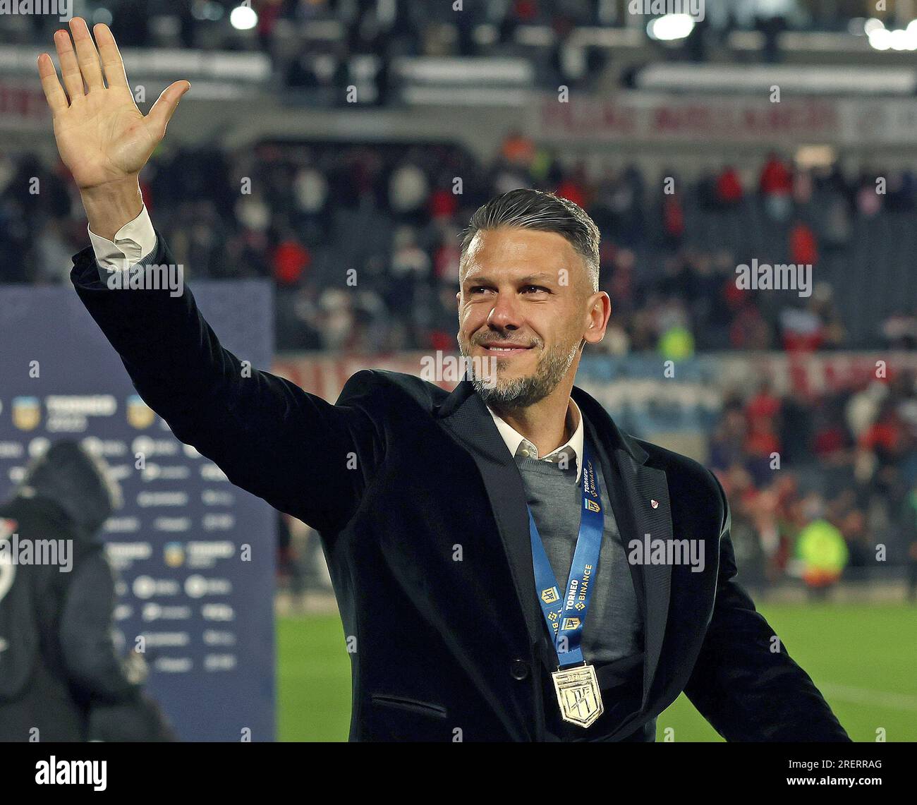 River Plate's team coach Martin Demichelis waves during the celebration after defeating Racing Club by 2-1 and become champion of the Argentine Professional Football League Tournament 2023 at El Monumental stadium, in Buenos Aires, on July 28, 2023.  (Photo by Alejandro Pagni / PHOTOxPHOTO) Stock Photo
