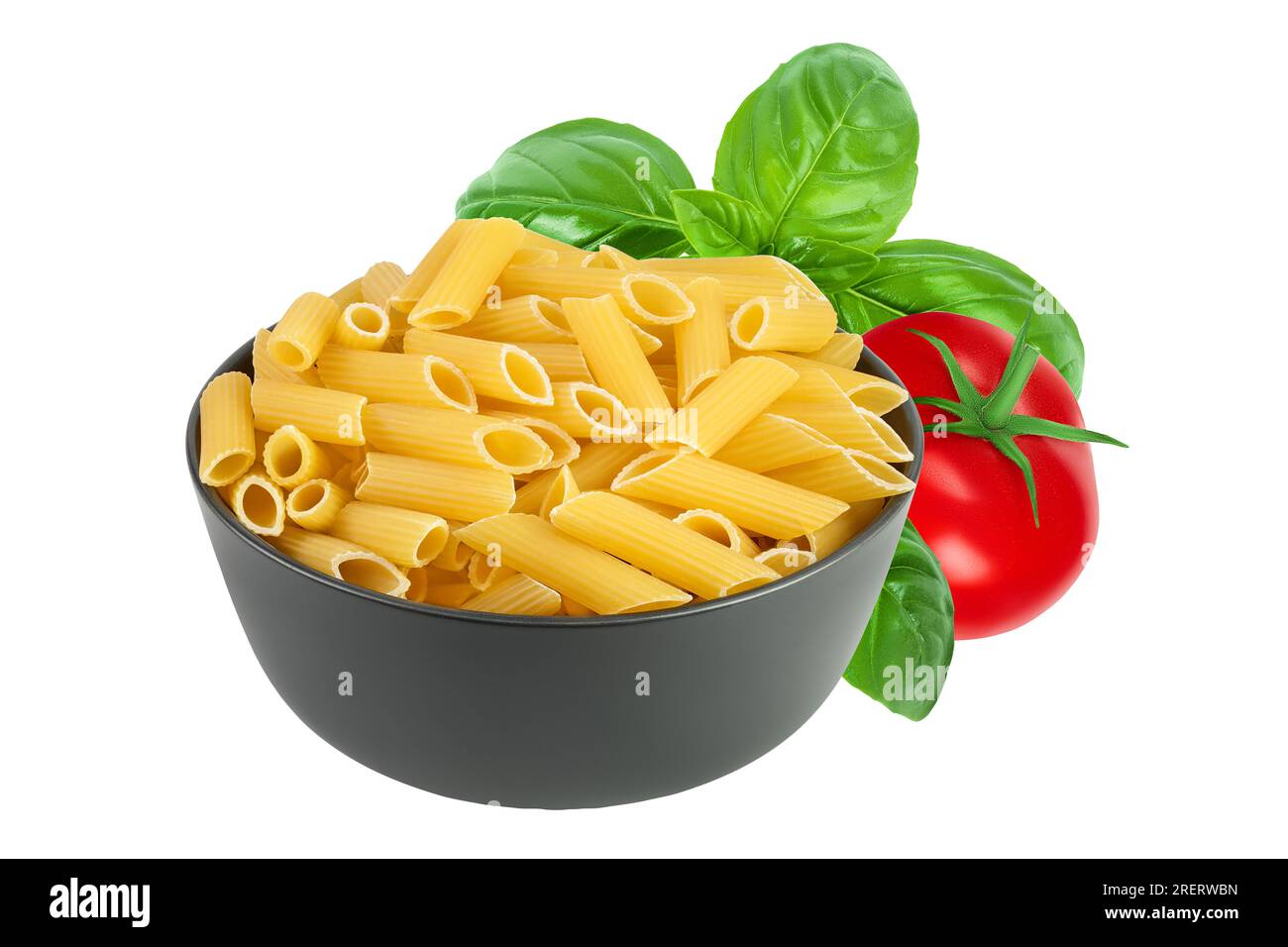 Raw italian penne rigate pasta in black bowl isolated on white background with full depth of field Stock Photo