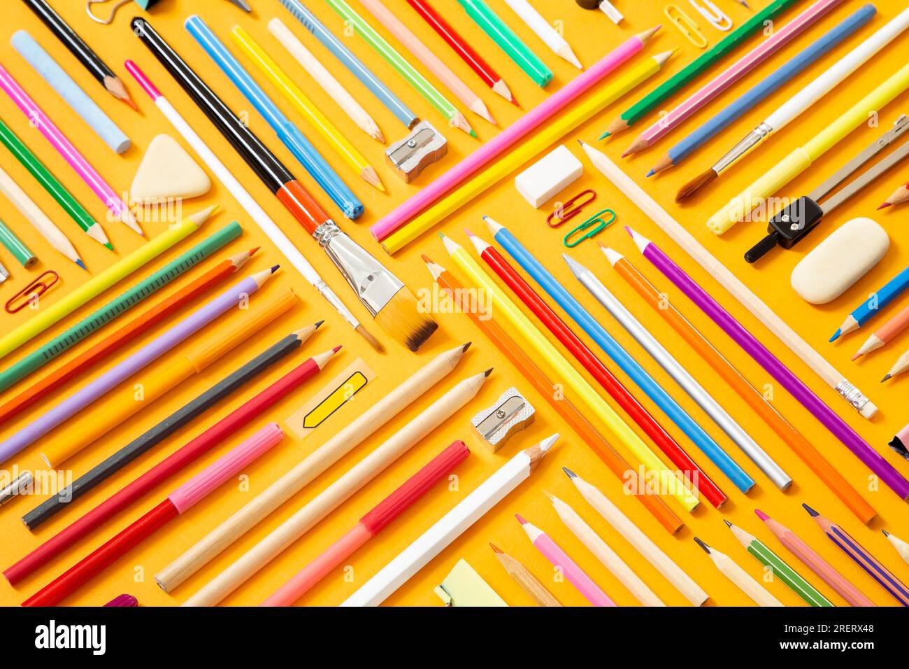 School supplies on yellow background Stock Photo