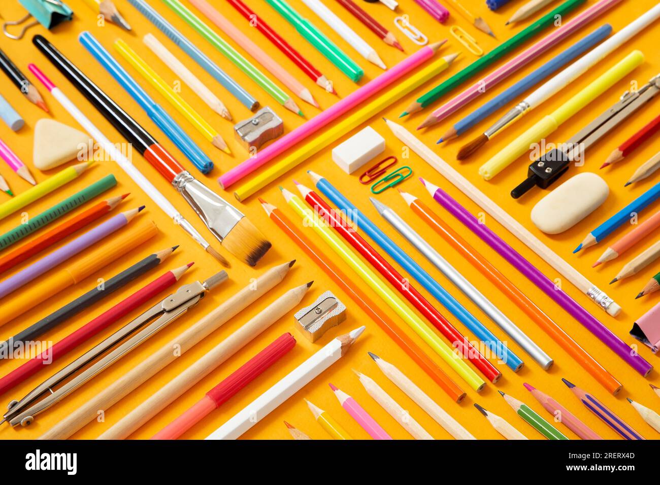 School supplies on yellow background Stock Photo