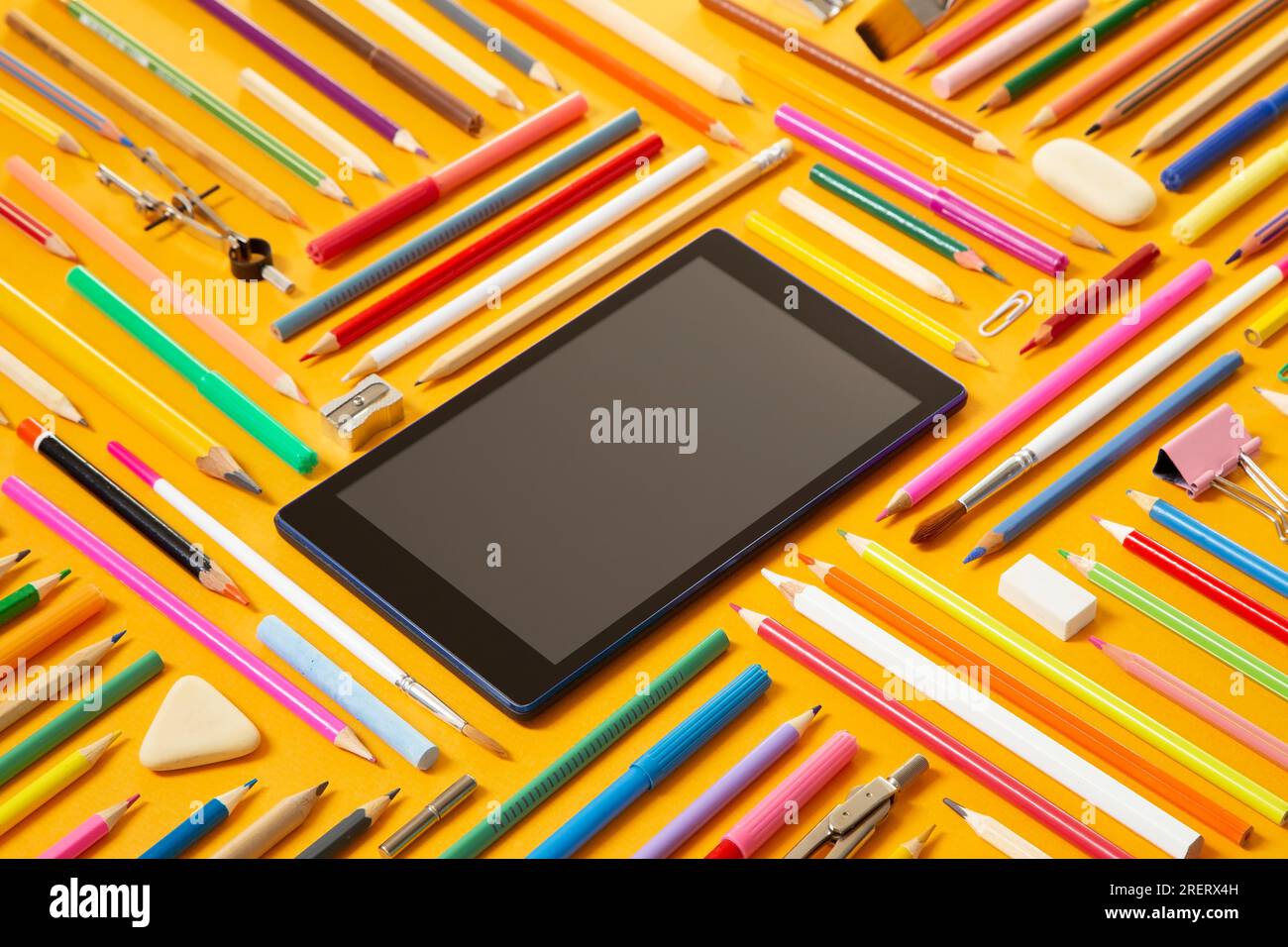 School supplies with a tablet Stock Photo