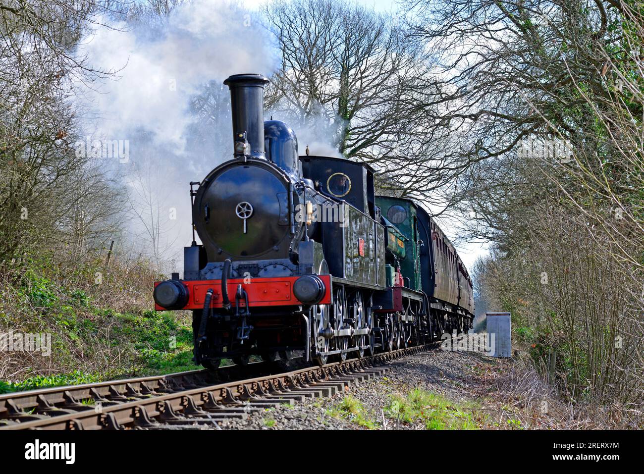 Two Victorian Tank Locomotives head a train past Orchard Crossing Bewdley on the Severn Valley Railway. Stock Photo