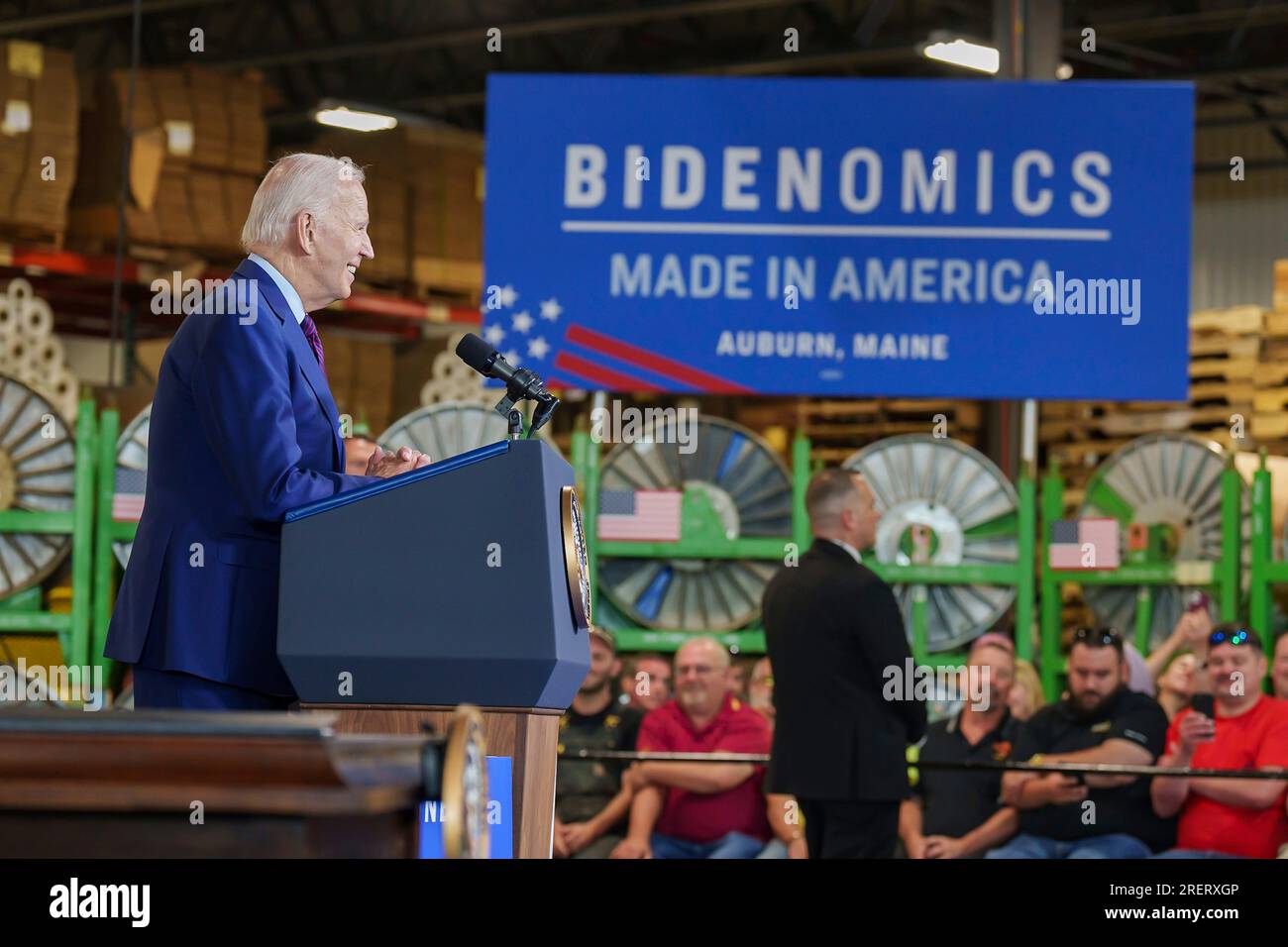 Auburn, United States of America. 28 July, 2023. U.S President Joe Biden delivers remarks to workers at Auburn Manufacturing Inc textile mill, July 28, 2023 in Auburn, Maine, USA. Credit: Adam Schultz/White House Photo/Alamy Live News Stock Photo