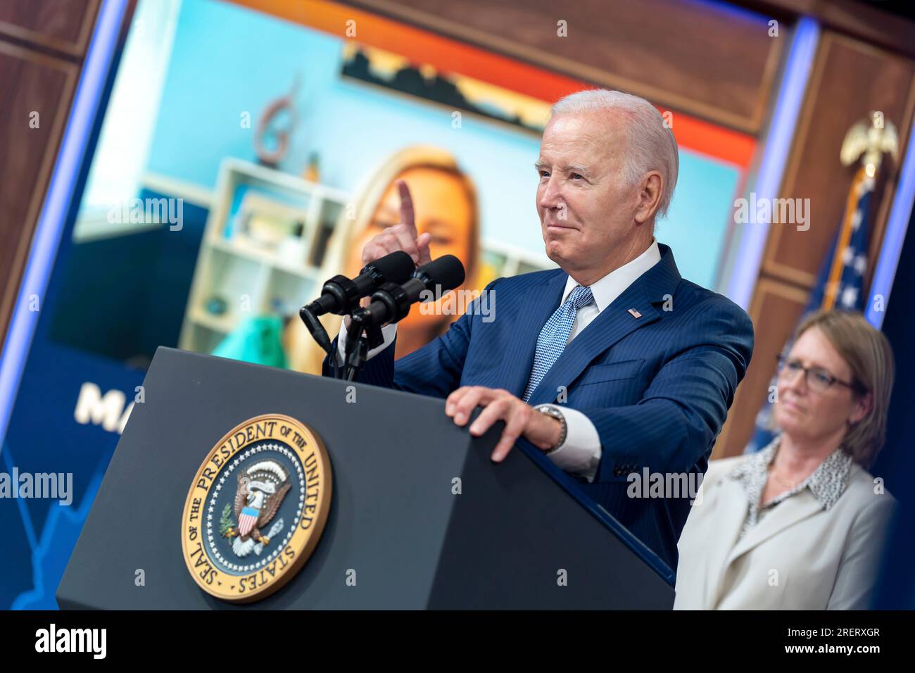 Washington, United States of America. 27 July, 2023. U.S President Joe Biden delivers remarks on new measures aimed at protecting communities from extreme weather at the South Court Auditorium of the White House, July 27, 2023 in Washington, D.C. Credit: Adam Schultz/White House Photo/Alamy Live News Stock Photo