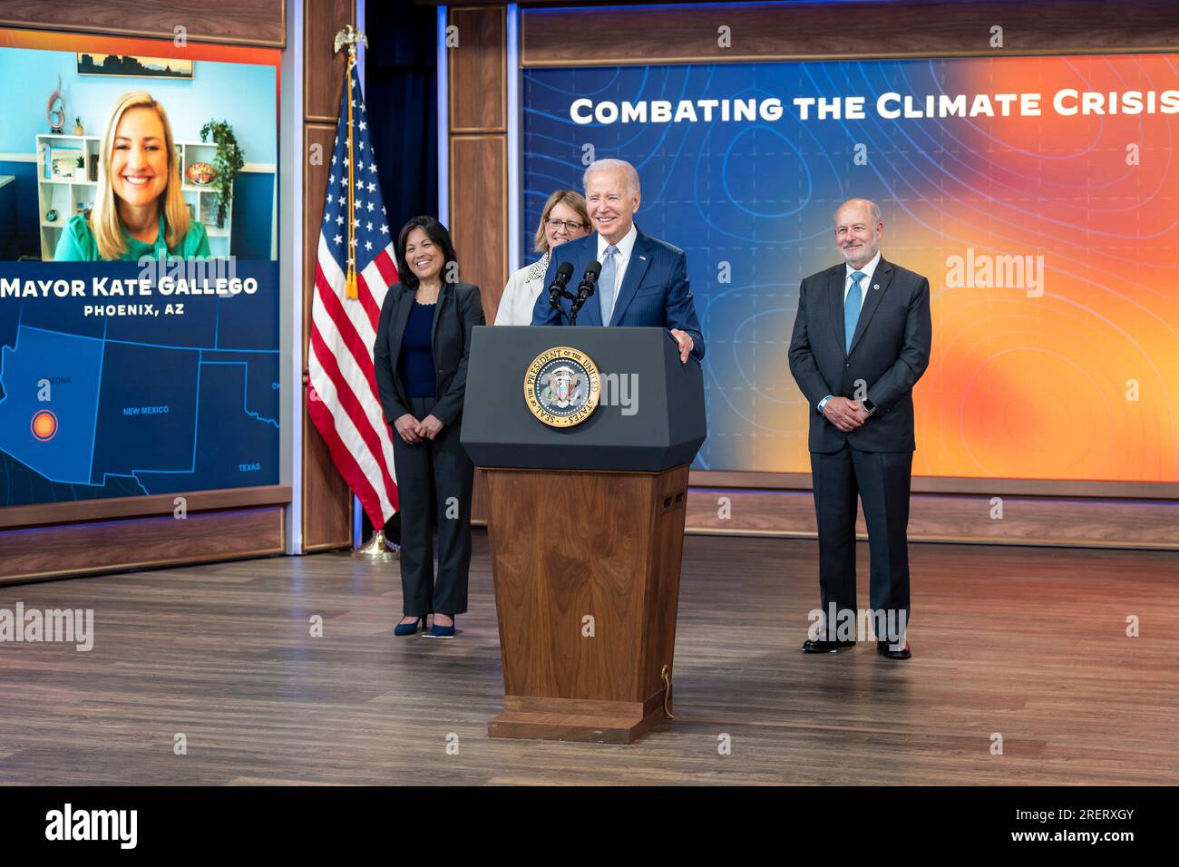 Washington, United States of America. 27 July, 2023. U.S President Joe Biden delivers remarks on new measures aimed at protecting communities from extreme weather at the South Court Auditorium of the White House, July 27, 2023 in Washington, D.C. Joining Biden from left are; Acting Secretary of Labor Julie Su, Federal Emergency Management Agency Administrator Deanne Criswell, and National Oceanic and Atmospheric Administration Administrator Dr. Rick Spinrad.  Credit: Adam Schultz/White House Photo/Alamy Live News Stock Photo