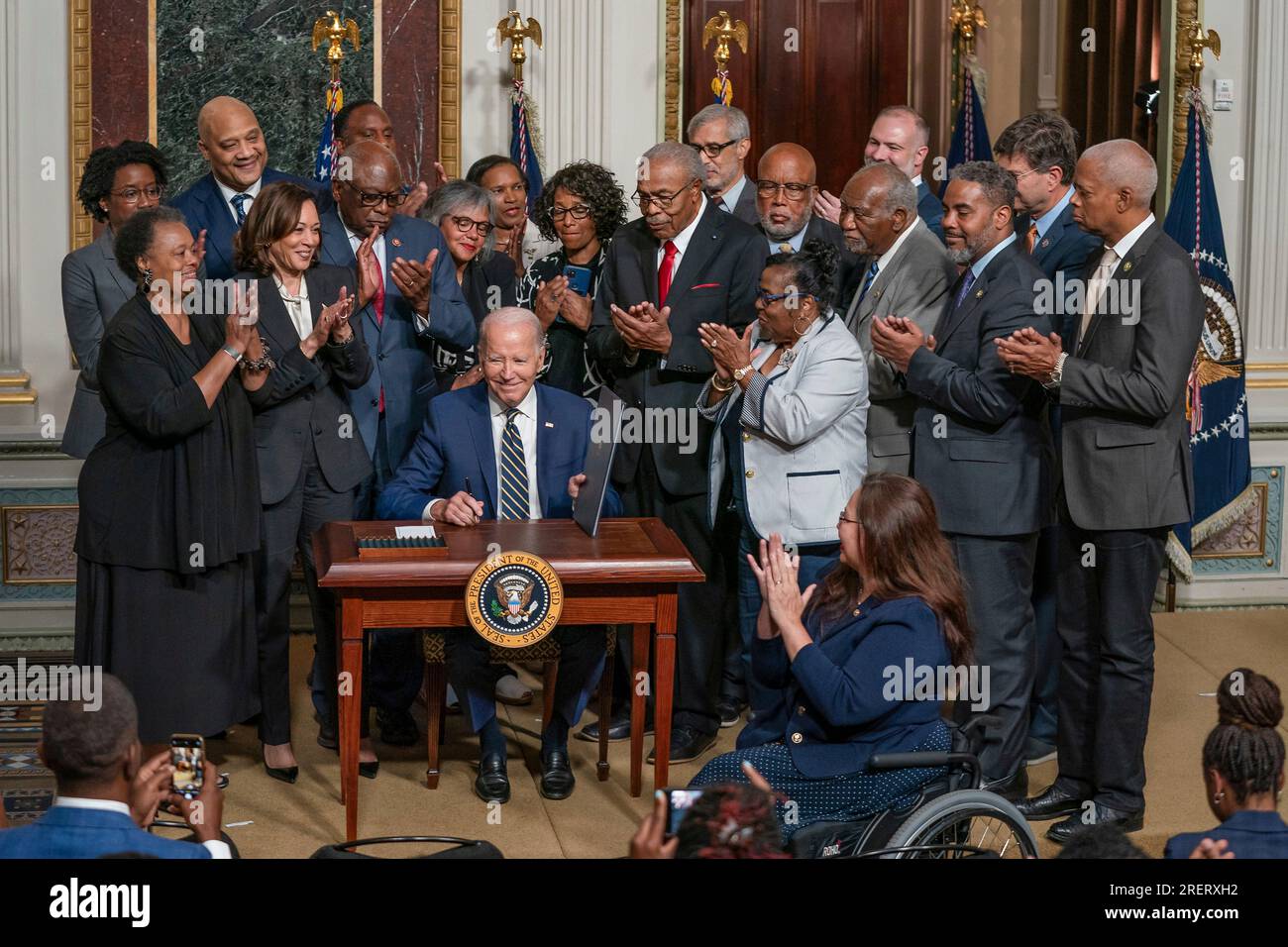 Washington, United States of America. 25 July, 2023. U.S President Joe Biden signs a proclamation to establish the Emmett Till and Mamie Till-Mobley National Monument during an event in the Indian Treaty Room of the White House, July 25, 2023 in Washington, D.C. Emmett Till, was a 14 year old black child lynched by a white mob in Mississippi in 1955. Credit: Lawrence Jackson/White House Photo/Alamy Live News Stock Photo