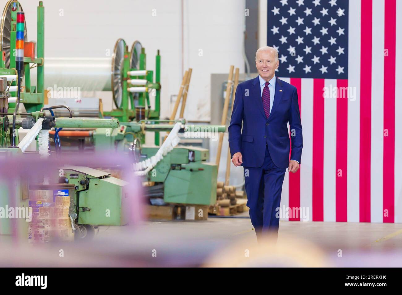 Auburn, United States of America. 28 July, 2023. U.S President Joe Biden arrives to speak at Auburn Manufacturing Inc textile mill, July 28, 2023 in Auburn, Maine, USA. Credit: Adam Schultz/White House Photo/Alamy Live News Stock Photo