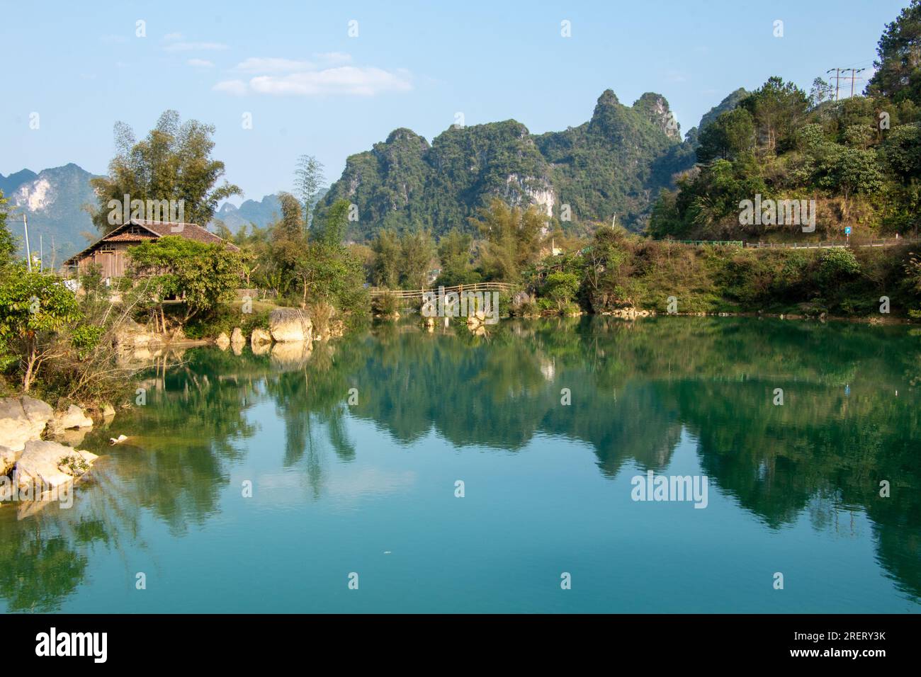 Mountains, hills and lake near Ban Gioc Waterfalls in Cao Bang Province in northern Vietnam Stock Photo