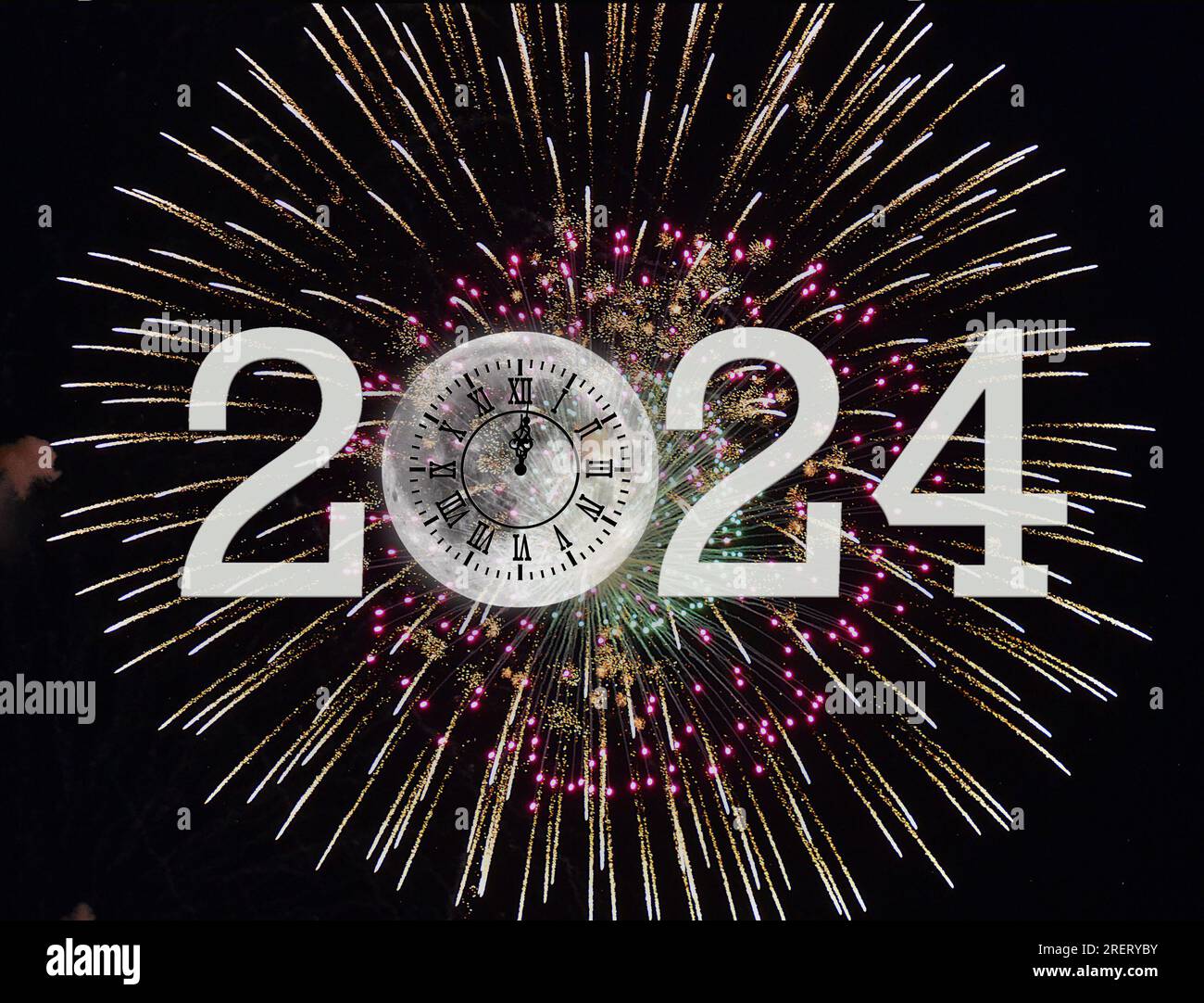 New Year 2024 Moon Clock With Fireworks On Black Sky 2RERYBY 