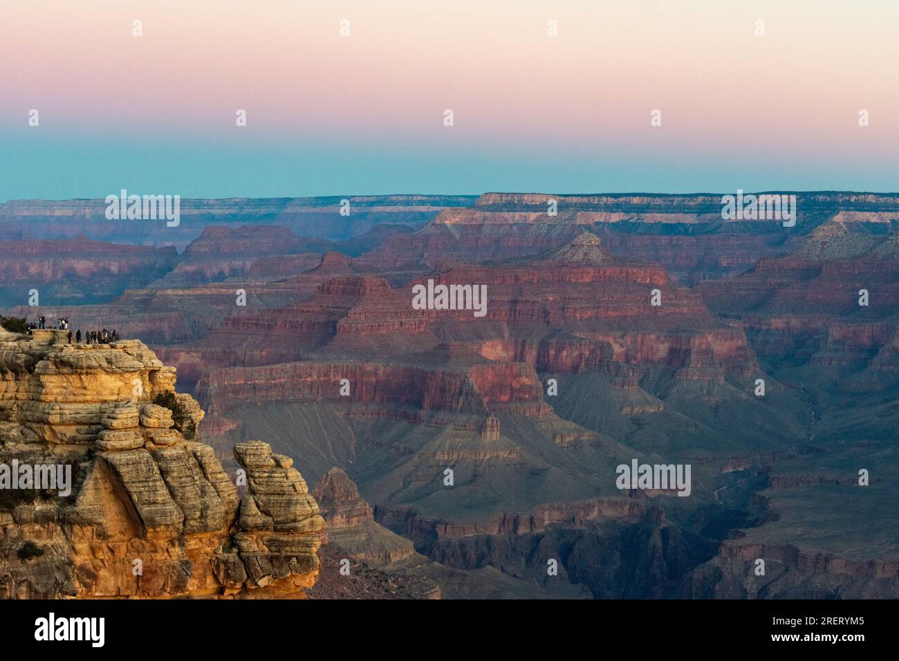 Twilight hues over Grand Canyon vistas. Stock Photo