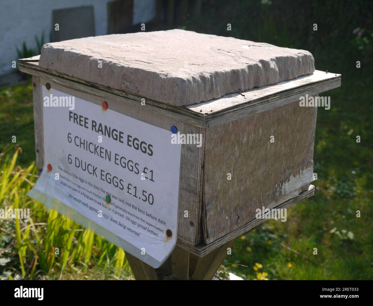 Cornwall, UK, 2022: an honesty box for free range chicken and duck eggs, with a paving slab on top to stop the wind blowing the lid off. Stock Photo