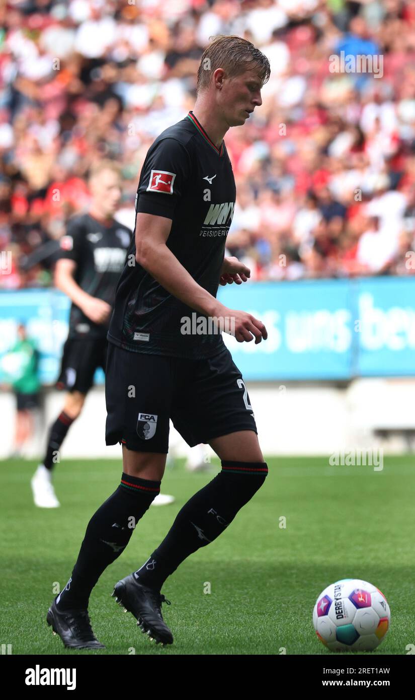 Augsburg, Germany. 29th July, 2023. Bayern, Augsburg: Soccer: Test match, FC Augsburg - Ajax Amsterdam: FC Augsburg's Frederik Winther in action. Credit: Karl-Josef Hildenbrand/dpa - IMPORTANT NOTE: In accordance with the requirements of the DFL Deutsche Fußball Liga and the DFB Deutscher Fußball-Bund, it is prohibited to use or have used photographs taken in the stadium and/or of the match in the form of sequence pictures and/or video-like photo series./dpa/Alamy Live News Stock Photo