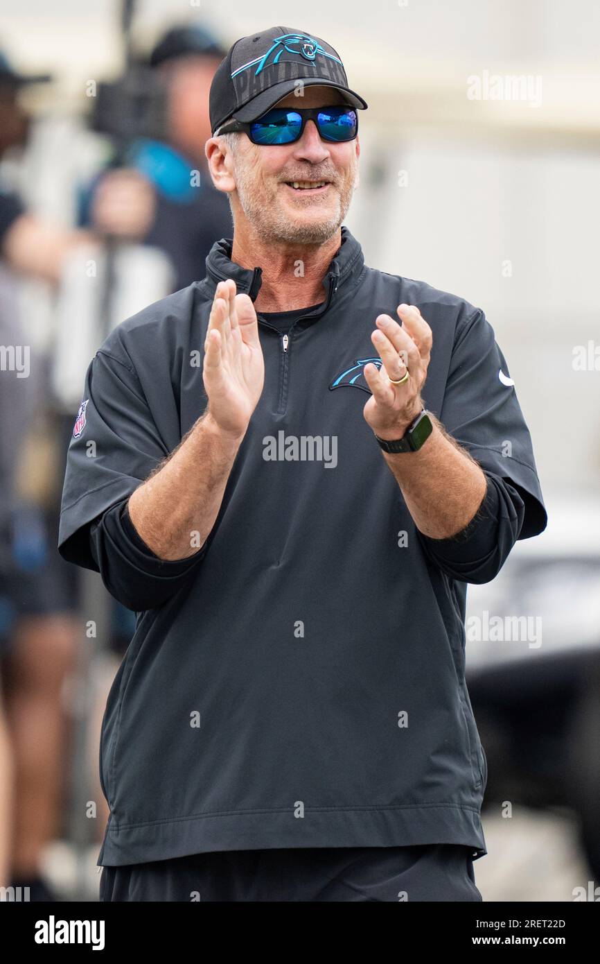 Carolina Panthers head coach Frank Reich looks on at the NFL football team's training camp on Saturday, July 29, 2023, in Spartanburg, S.C. (AP Photo/Jacob Kupferman) Stock Photo